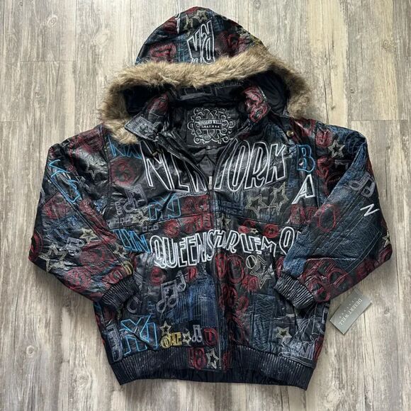 Vintage 90s NYC New York City All Over Print AOP Leather Jacket Size XL VTG RARE